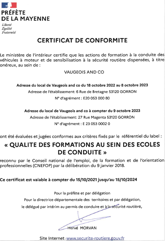 Certificat de conformité Label Qualité Gorron