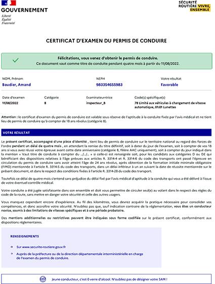 Exemple de certificat d'examen du permis de conduire (CEPC)