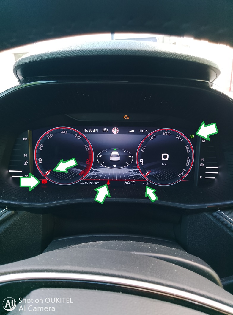 Témoin de frein à main + Régulateur désactivé + ceinture + moteur éteint